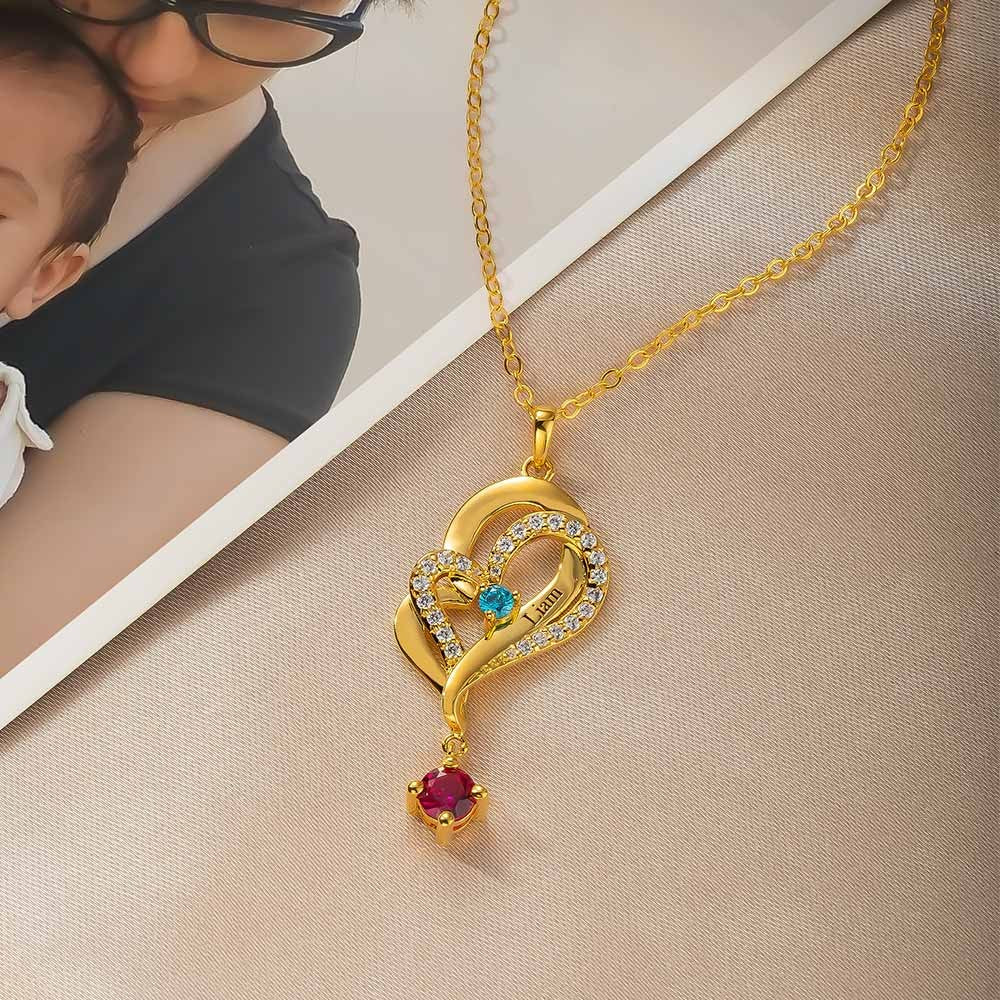 1 Birthstone for Children /Double Love Heart Necklace with Custom  Birthstones & Names