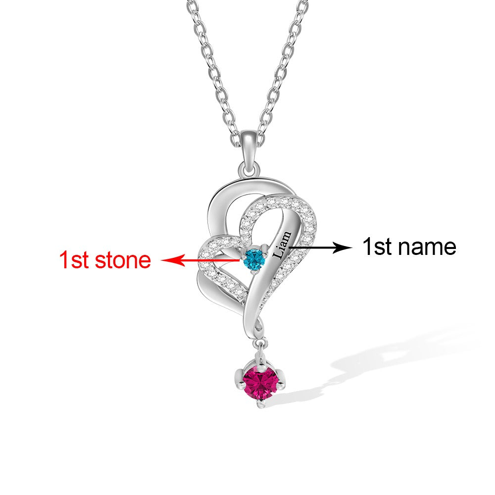 1 Birthstone for Children /Double Love Heart Necklace with Custom  Birthstones & Names