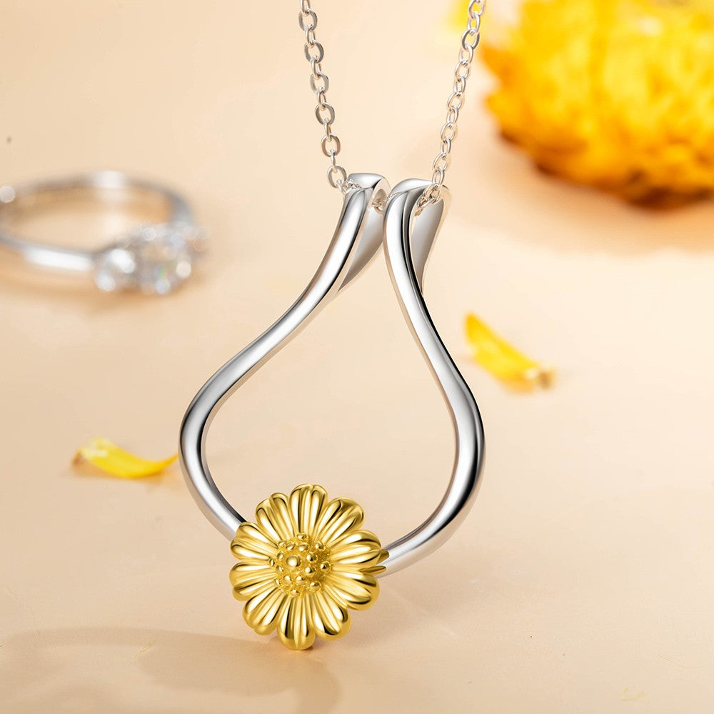 Sterling Silver Ring Holder Necklace,  Ring Keeper with Sunflower, Engagement Wedding Ring Necklace Holder, Gift for Wife Girlfriend
