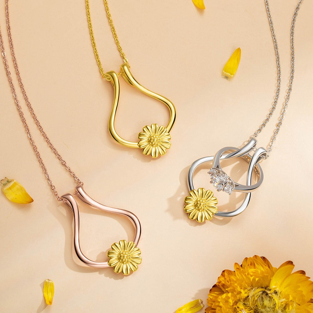 Sterling Silver Ring Holder Necklace,  Ring Keeper with Sunflower, Engagement Wedding Ring Necklace Holder, Gift for Wife Girlfriend