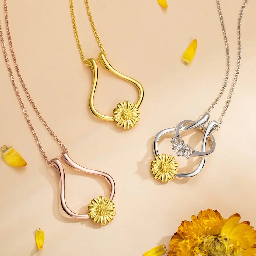 Sterling Silver Ring Holder Necklace,  Ring Keeper with Sunflower, Engagement Wedding Ring Necklace Holder, Gift for Wife Girlfriend