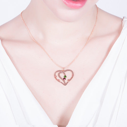 Heart Names Necklace with Two Birthstones In Rose Gold