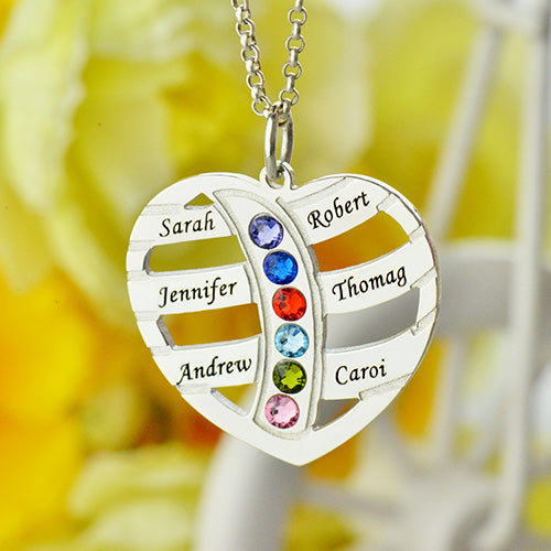 Mother's Day Heart Necklace with Kids Name & Birthstone